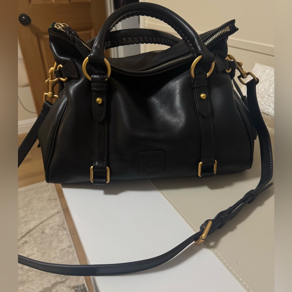 Black Leather Satchel with Gold Hardware and Detachable Strap